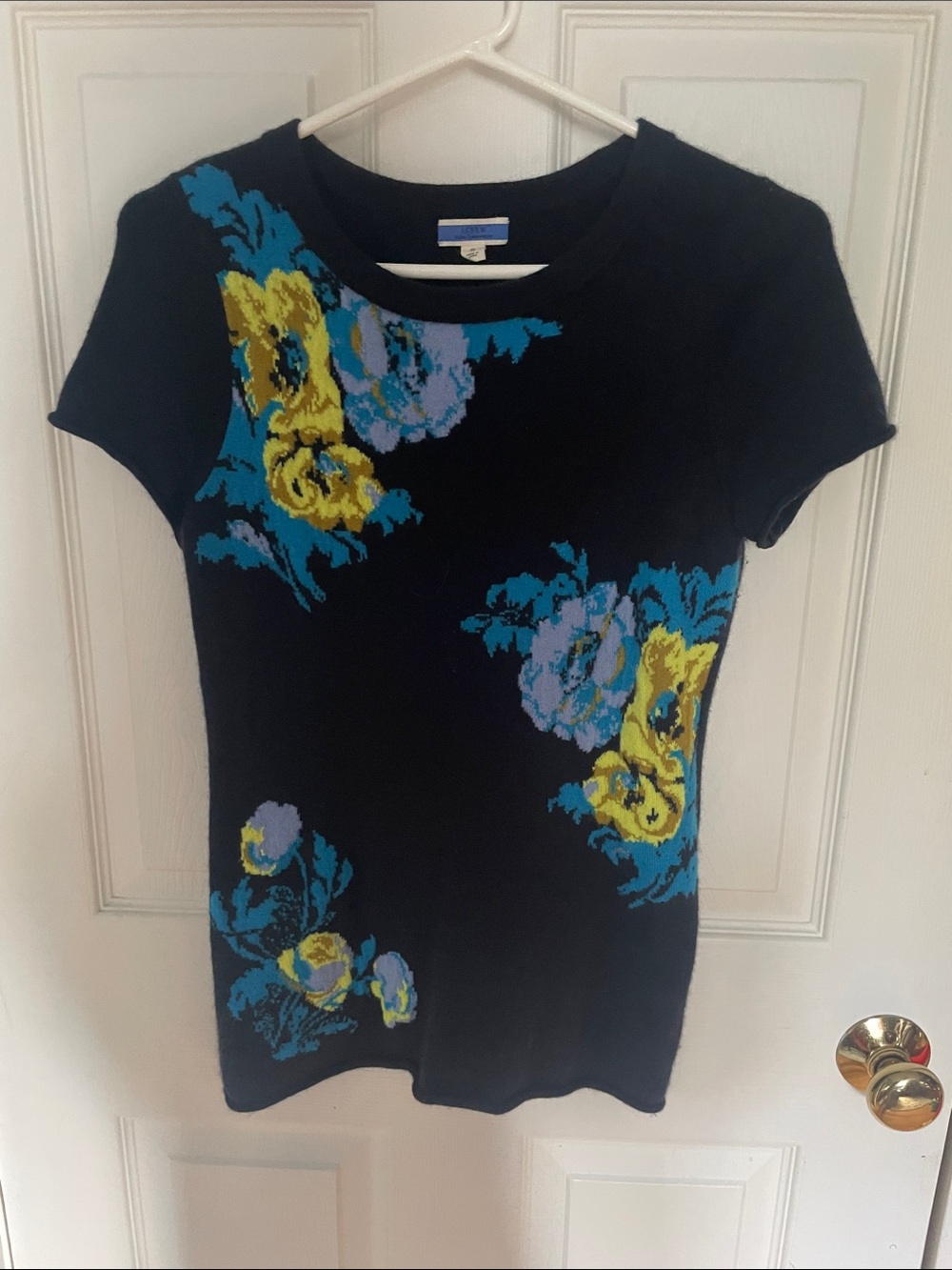 J.Crew cashmere Floral intarsia Tee - navy with Blue & Yellow Flowers small